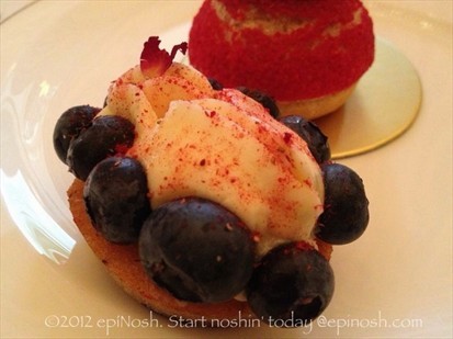 Blueberry tea cake with rose-infused custard