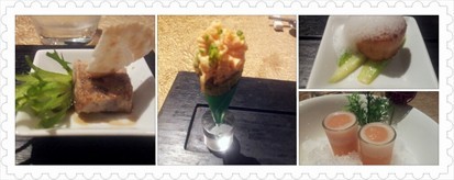 duck rillette, salmon mouche cone, pan-seared scallope with foam, thirst quencher