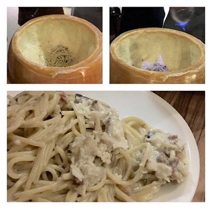 Flaming Carbonara Pasta in Cheese Wheel